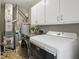 The laundry room has white cabinets and modern appliances, including a washer and dryer at 8218 San Carlos Ct, Indianapolis, IN 46256