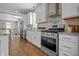 Contemporary kitchen boasts stainless steel appliances, white cabinetry with gold hardware, and a stylish range hood at 1825 E Maryland St, Indianapolis, IN 46201