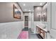 Modern bathroom featuring subway tile, a walk-in shower, and a sleek vanity with a vessel sink at 630 N College Ave # 105, Indianapolis, IN 46204