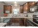 Kitchen featuring dark cabinets, stone backsplash, stainless steel appliances, and a double sink at 6579 Aster Dr, Pendleton, IN 46064