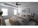 Modern bedroom with neutral tones, tray ceiling and ample natural light from two windows at 6871 Adalene Ln, Carmel, IN 46033