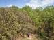 An aerial shot showcases the red storage shed nestled among lush trees and greenery in the wooded area at 8581 N Goat Hollow Rd, Mooresville, IN 46158