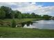 Community pond with grassy banks, benches, and stair access with a lush tree line surround at 10836 Zimmerman Ln, Indianapolis, IN 46231
