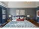 Beautifully decorated main bedroom with blue walls, tray ceilings, and elegant lighting at 13244 Snow Owl Dr, Carmel, IN 46033