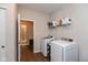 Well-organized laundry room equipped with a modern washer and dryer, plus shelving for storage at 1483 Paper Birch Dr, Sheridan, IN 46069