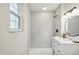 Modern bathroom featuring a sleek vanity, subway tile shower, and stylish fixtures at 2956 N 700 E, Franklin, IN 46131