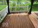 Wooden deck featuring a white railing, black curtains and a view of a pond at 4667 Sundance Trl, Indianapolis, IN 46239