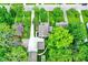 An aerial view displays the property's layout with long driveway, detached garage and picturesque landscaping at 5104 Carvel Ave, Indianapolis, IN 46205