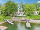 Lovely waterfront property featuring a well-maintained lawn, private dock, and backyard pool oasis at 5786 E Fall Creek Pkwy N Dr, Indianapolis, IN 46226