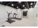 Finished basement with gray carpet and an exercise area featuring a treadmill and Bowflex machine at 5786 E Fall Creek Pkwy N Dr, Indianapolis, IN 46226
