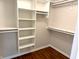 Walk-in closet with ample shelving providing plenty of storage space and wood-look floors at 6242 Carrington Dr, Indianapolis, IN 46236