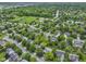 Aerial view of a neighborhood with lush greenery, a park with athletic fields, and a scenic pond at 8430 Harrison Pkwy, Fishers, IN 46038