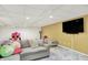 Finished basement featuring plush seating, a mounted TV, and ample recreational space for Gathering and entertainment at 14638 Deerwood Dr, Carmel, IN 46033