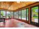 Bright sunroom with walls of windows, red floors and a wood paneled ceiling, perfect for relaxation at 1497 Clinton St, Noblesville, IN 46060