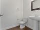 Powder room with white pedestal sink and wood-look flooring at 4125 Sugar Pine Ln, Zionsville, IN 46077