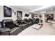 Finished basement featuring black leather theater seating, white carpet and unique wall decor at 434 Sheffield Ct, Carmel, IN 46032