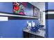Bathroom with a blue bowl sink, granite countertop, large mirror, and colorful decor at 434 Sheffield Ct, Carmel, IN 46032