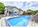 Beautiful backyard pool with a slide, chairs and an outdoor bar area for luxurious outdoor living at 434 Sheffield Ct, Carmel, IN 46032