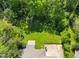 Aerial view showcases a spacious backyard and home with a red brick patio and concrete pad at 7035 Creekside Ln, Indianapolis, IN 46220