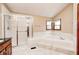 Bright bathroom featuring a glass enclosed shower and large soaking tub at 9158 Oak Knoll Ln, Fishers, IN 46037