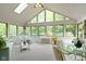 Sunroom with vaulted ceilings, skylights, and large windows offering backyard views at 974 Arrowwood Dr, Carmel, IN 46033