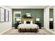 Stylish bedroom with a green accent wall, wood bed frame, and complementary decor at 11626 Aubrey Ln, Fishers, IN 46040