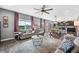 Open-concept living space with a comfortable sofa, stylish decor, and a view of the breakfast nook and modern kitchen at 1893 Glenmoor Ct, Columbus, IN 47201