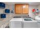 Functional laundry room featuring modern appliances, ample shelving, and storage cabinets for convenience and organization at 2 E Quail Wood Ln, Westfield, IN 46074