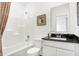 Clean bathroom with a shower-tub combo, a framed mirror, and a modern vanity at 3924 Andean Ct, Bargersville, IN 46106