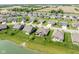 Aerial view of a neighborhood with well-manicured lawns, a pond, and picturesque surroundings at 4659 W Otway Ln, New Palestine, IN 46163