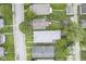 An aerial photograph displays the roof and well-kept lawns of houses on a tree-lined street at 5225 E St Clair St, Indianapolis, IN 46219