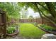 Well-maintained backyard features a green lawn, landscaping, and a wooden fence at 5225 E St Clair St, Indianapolis, IN 46219