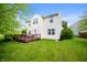 A well-maintained backyard features a wood deck with outdoor seating and a lush green lawn at 6026 Pennyworth Cir, Indianapolis, IN 46203