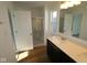 Bathroom features a large vanity with storage, an enclosed glass shower, and modern fixtures at 6223 Medina Spirit Dr, Indianapolis, IN 46237