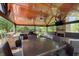 Covered patio with fireplace, TV, seating, and dining area at 7430 Franklin Parke Woods, Indianapolis, IN 46259