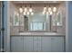Bright bathroom with double vanity, gray counters, and hanging light fixtures at 858 Cedar Wood, Carmel, IN 46032