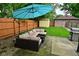 This backyard features a blue umbrella, an outdoor patio furniture set, a shed, and a well-kept lawn at 1236 Central Ave, Indianapolis, IN 46202