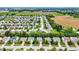 An aerial view of homes in a quiet neighborhood with farmland in the background, featuring tree-lined streets and green lawns at 3221 Holt St, Whiteland, IN 46184