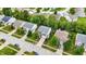 An aerial view showcases well-maintained homes with mature trees and landscaping in a peaceful residential neighborhood at 3221 Holt St, Whiteland, IN 46184