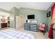 Bedroom with en suite, vaulted ceiling, tv and modern furnishings at 410 Wood Hollow Ct, Westfield, IN 46074