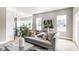 Open concept living room with a gray sofa, patterned rug, and an open view of the kitchen at 43 N Walcott St, Indianapolis, IN 46201