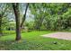 Spacious backyard with mature trees and a concrete patio at 7625 E 35Th St, Indianapolis, IN 46226