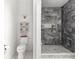 Bright bathroom featuring white fixtures, gray marble tiled shower, and trendy decor at 914 N College Ave, Indianapolis, IN 46202