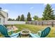 Spacious backyard with a fire pit, seating, lush green grass, and a privacy fence at 9560 W Campfire Dr, Pendleton, IN 46064