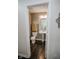 Cozy half-bathroom features a pedestal sink and dark wood-look flooring at 10447 Pintail Ln, Indianapolis, IN 46239