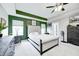 Inviting main bedroom featuring dark green accent wall, recessed lights, ceiling fan, and ensuite bathroom at 10447 Pintail Ln, Indianapolis, IN 46239