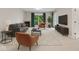 Modern living room featuring stylish furniture, a fireplace, and a sliding glass door to the patio at 11226 Blackwalnut Pt, Indianapolis, IN 46236