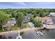 Aerial view of a luxurious lakefront property with a pool, private beach, and boat dock at 11715 Landings Dr, Indianapolis, IN 46256