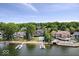 Picturesque aerial shot capturing a lakefront estate with a pool, sandy beach, and private dock at 11715 Landings Dr, Indianapolis, IN 46256