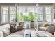 Living room view of a beautifully furnished patio with a pool and lush greenery at 1799 Hourglass Dr, Carmel, IN 46032